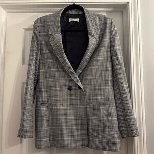 Anine Bing Madeline Plaid Print Oversized Blazer Gray/White/Blue Size Small